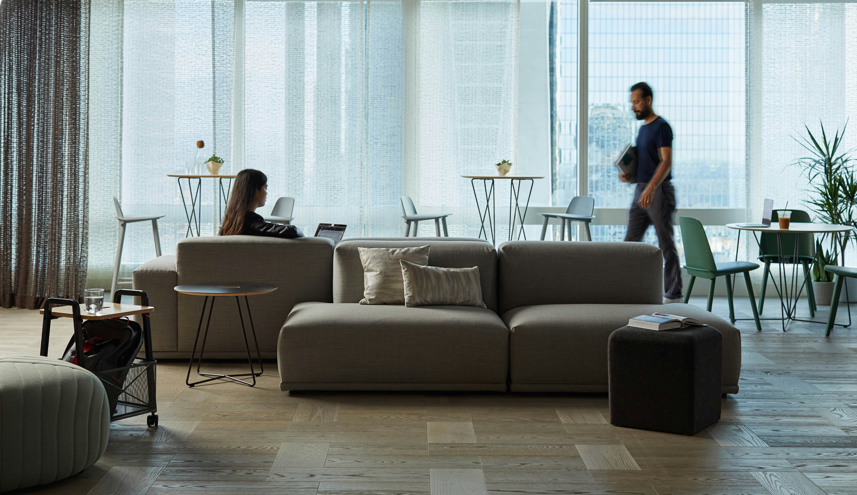 Rockwell Unscripted Occasional Tables bistro table café table wire base side table Rockwell Unscripted mobile storage cart k. lounge stool Muuto Five Pouf Muuto Nerd bar stool Muuto Connect Modular Sofa Muuto Mingle cushion pillow immersive planning community space collaborate socialize