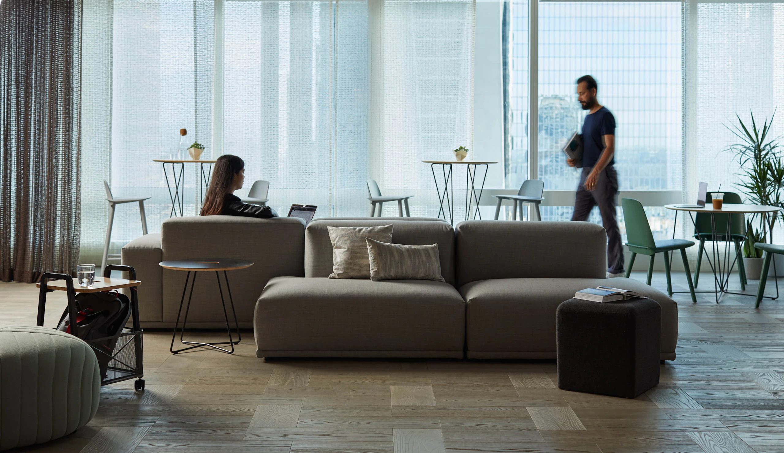 Rockwell Unscripted Occasional Tables bistro table café table wire base side table Rockwell Unscripted mobile storage cart k. lounge stool Muuto Five Pouf Muuto Nerd bar stool Muuto Connect Modular Sofa Muuto Mingle cushion pillow immersive planning community space collaborate socialize