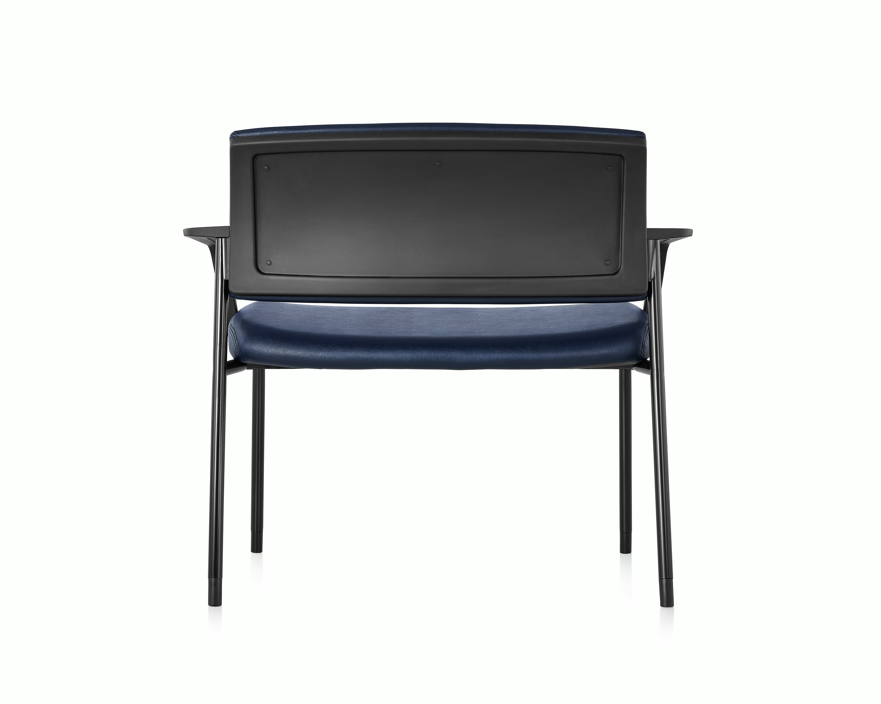 Back view of Verus Plus Chair with arms, in blue vinyl upholstery.