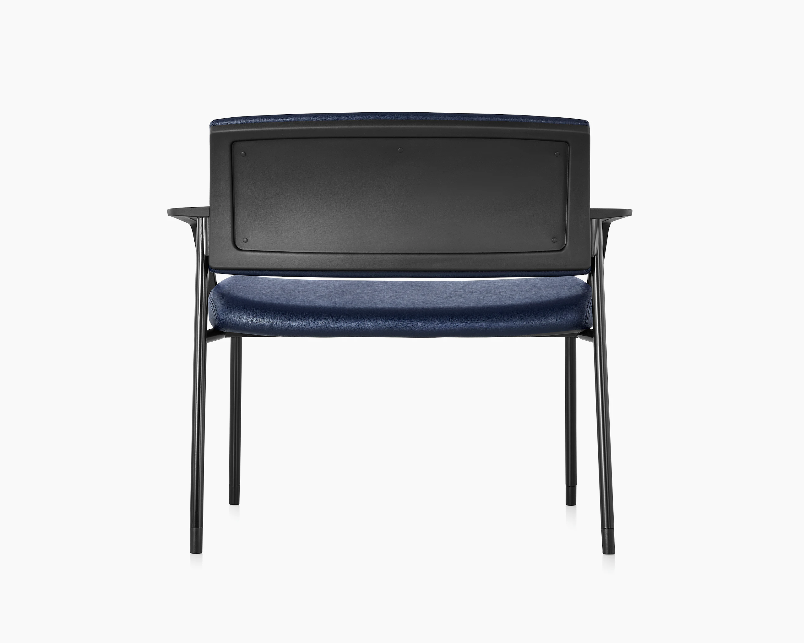 Back view of Verus Plus Chair with arms, in blue vinyl upholstery.