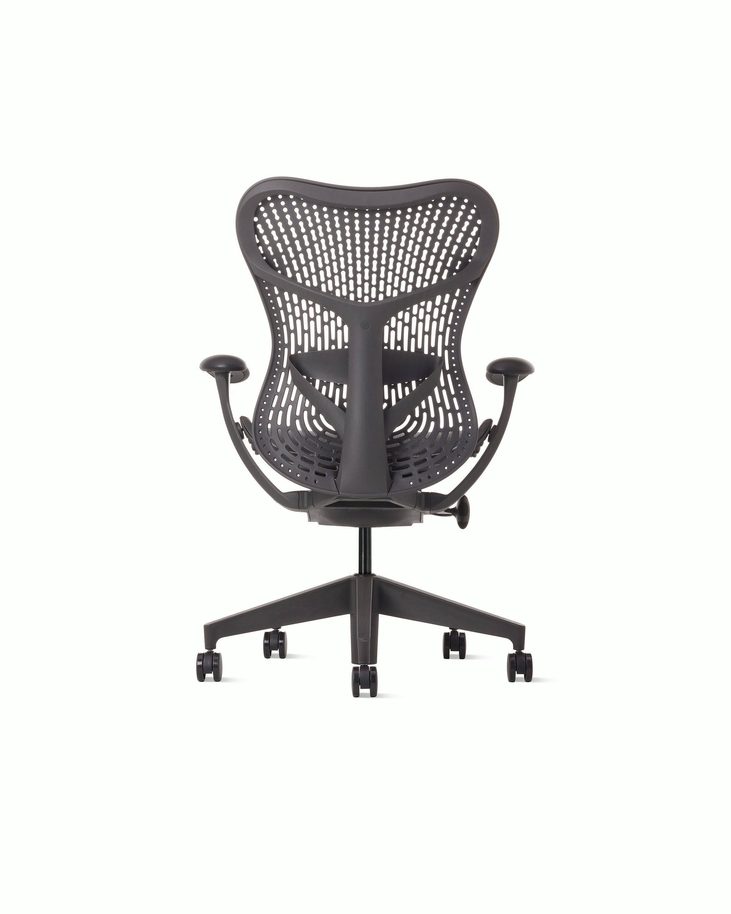 Rear view of a Mirra 2 chair with Trflex back in graphite.