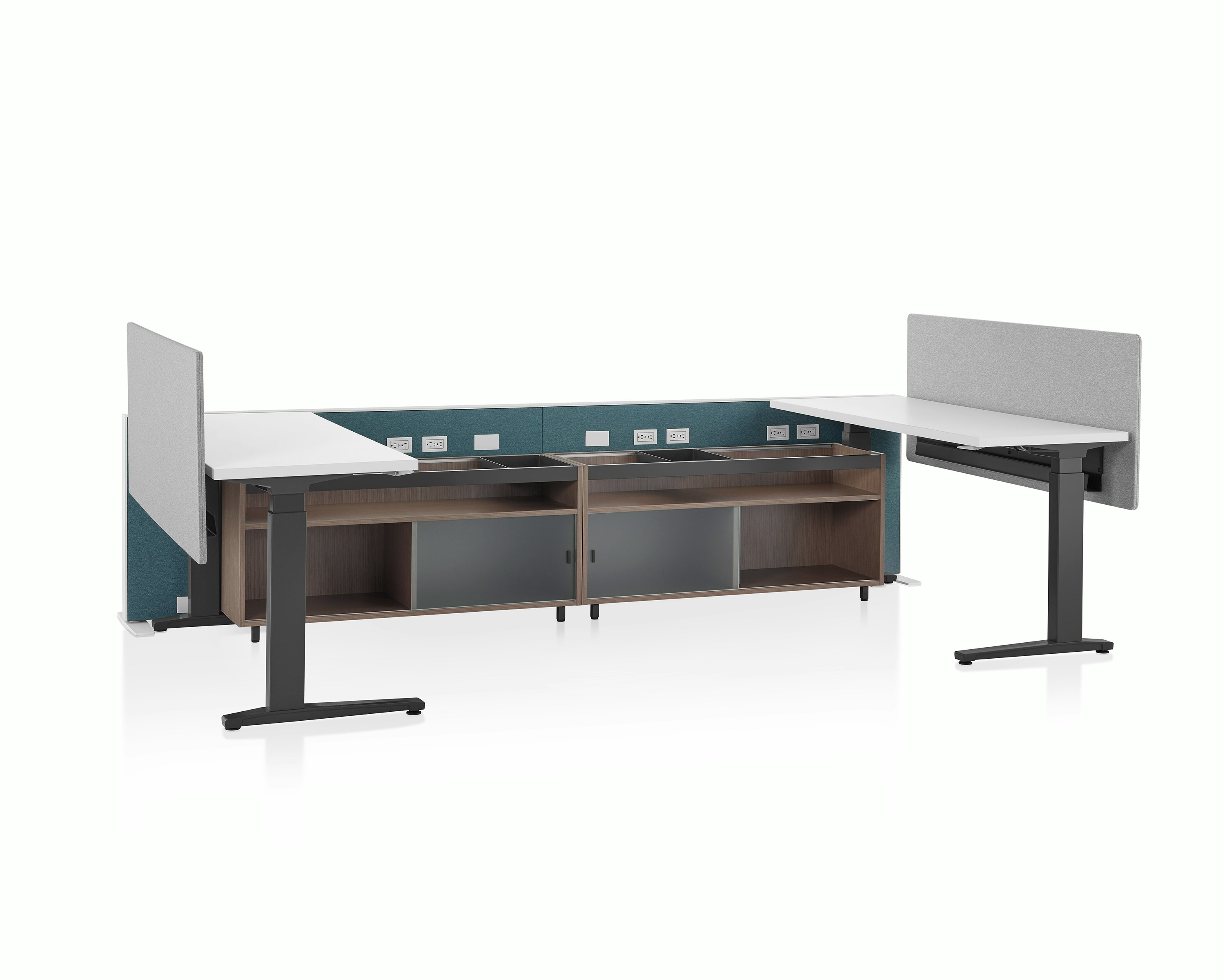 Dark green Canvas Channel with wood lower storage, Motia Sit-to-Stand Tables with white surface, and light gray screens