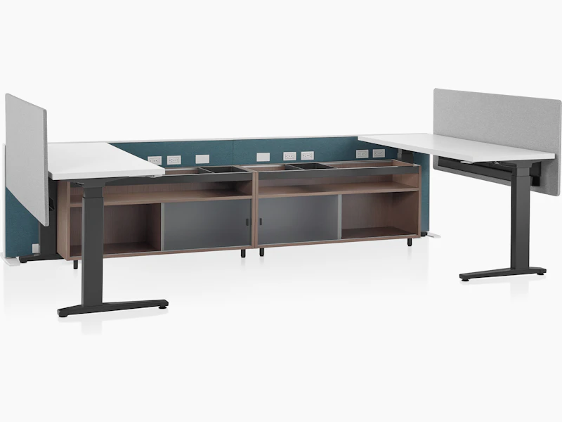 Dark green Canvas Channel with wood lower storage, Motia Sit-to-Stand Tables with white surface, and light gray screens