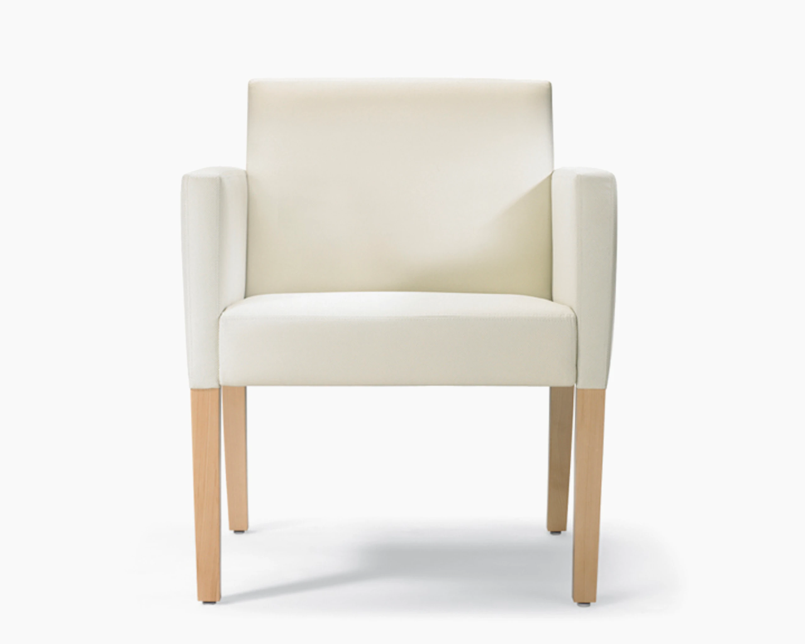 A front view of a Brava 862 Chair with maple frame, upholstered arm caps, and white textile.