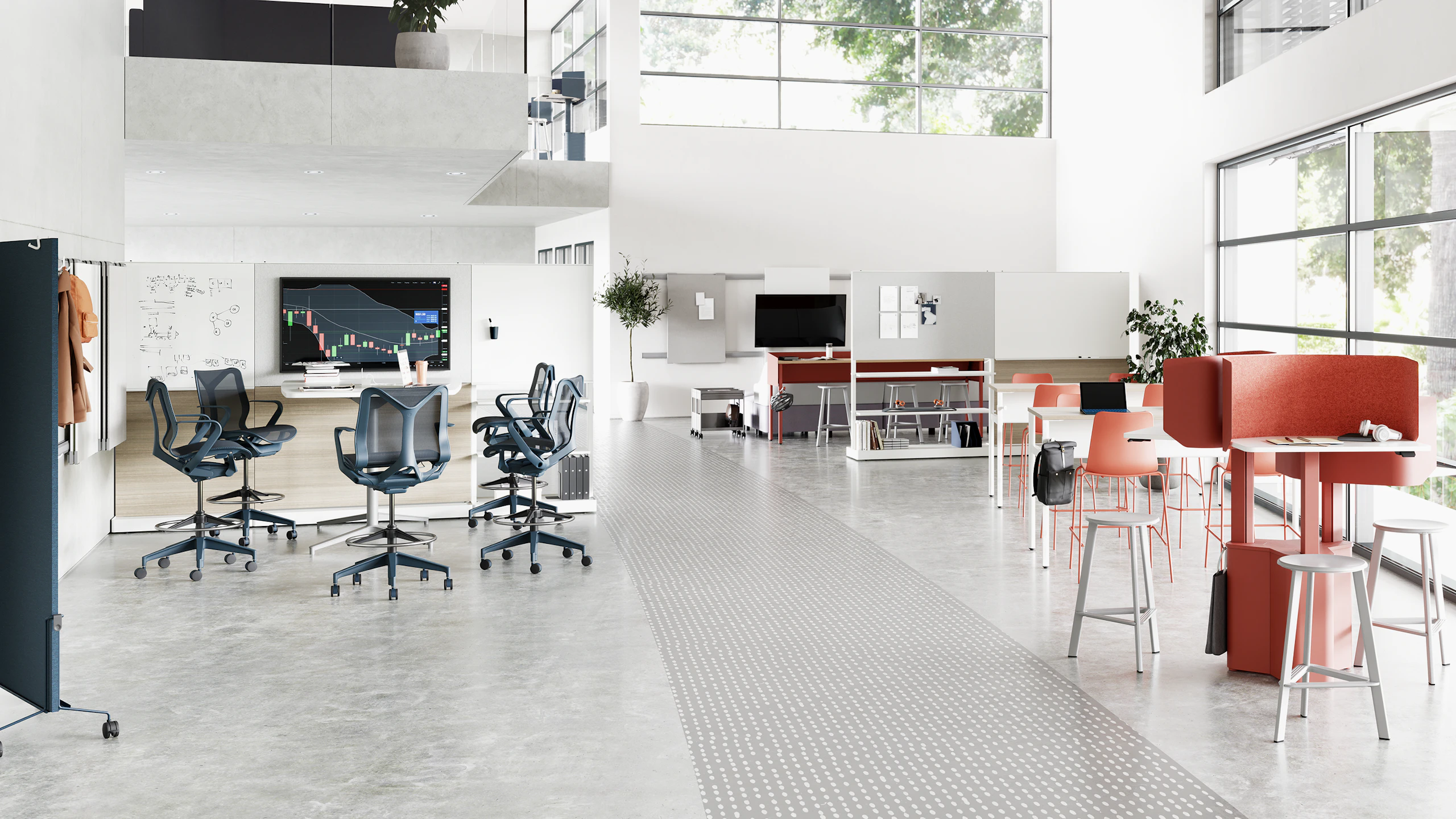A selection OE1 Workspace Collection products including OE1 Micro Pack, OE1 Communal Table, OE1 Agile Wall and OE1 Storage Trolley featured in an open floor education space.