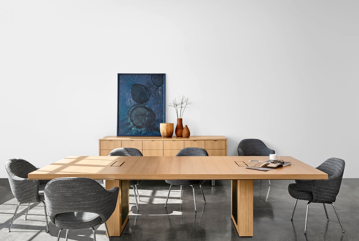 Highline 50 Conference Table in a Conference Room setting with Highline 25 Credenza, front view.