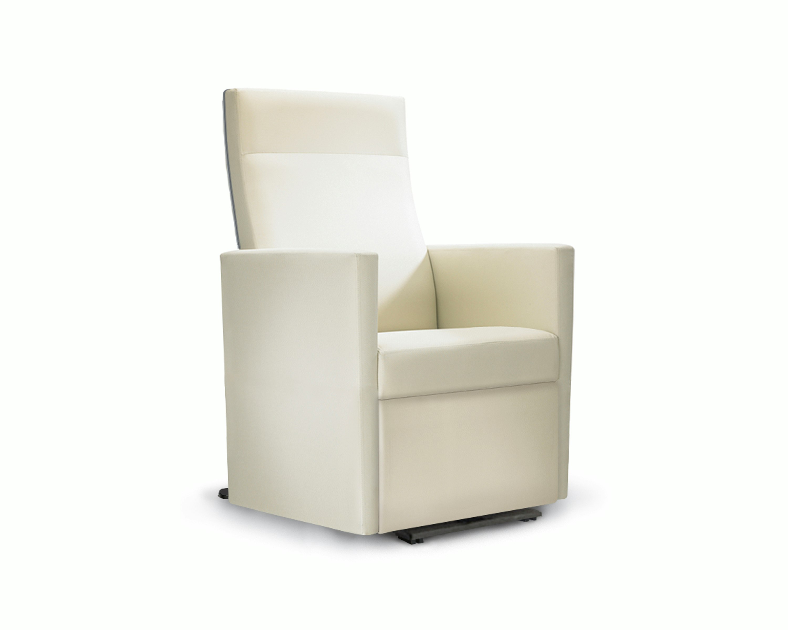 A three-quarter view of a Brava Glider with high back in white textile with fully upholstered arms.