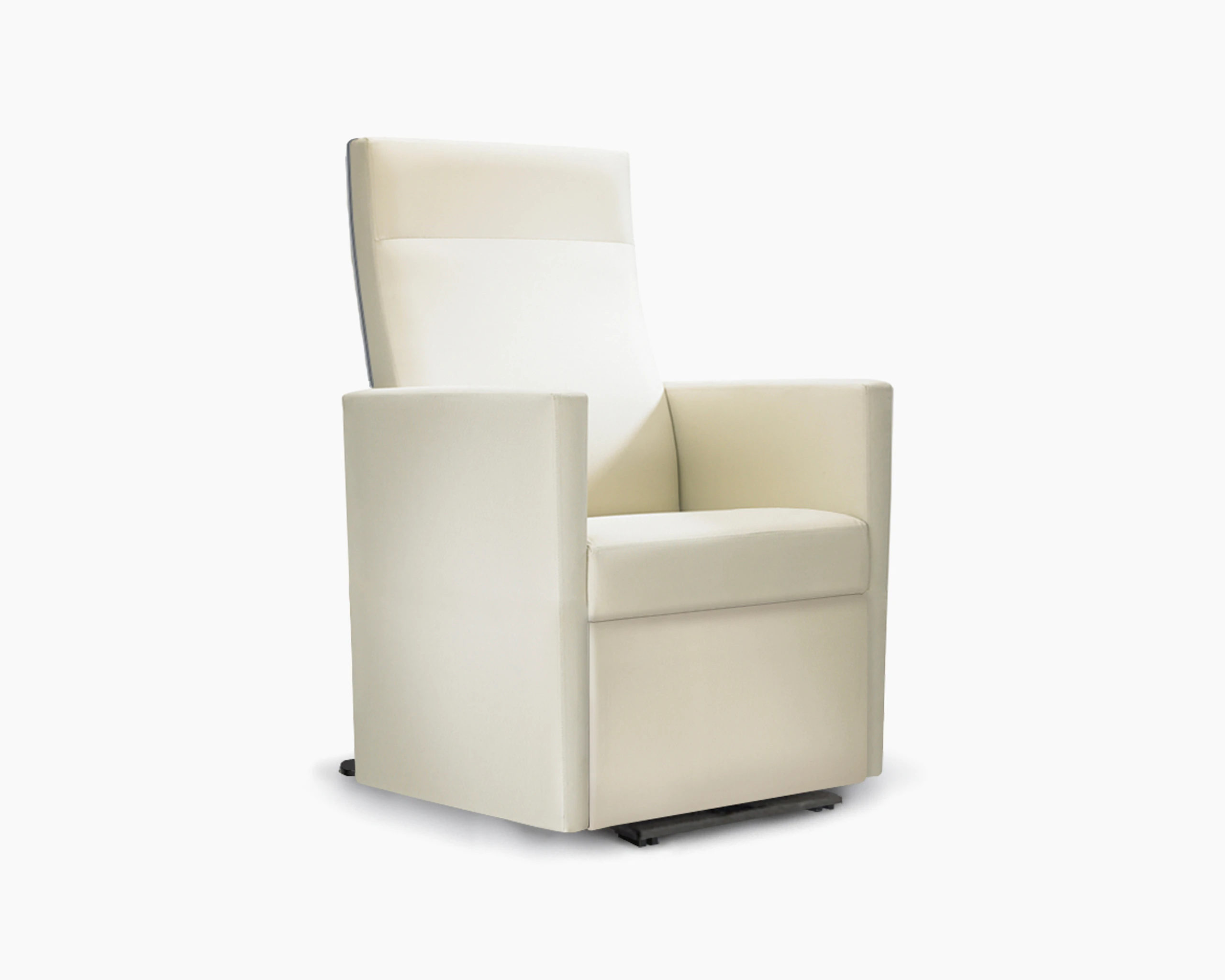 A three-quarter view of a Brava Glider with high back in white textile with fully upholstered arms.