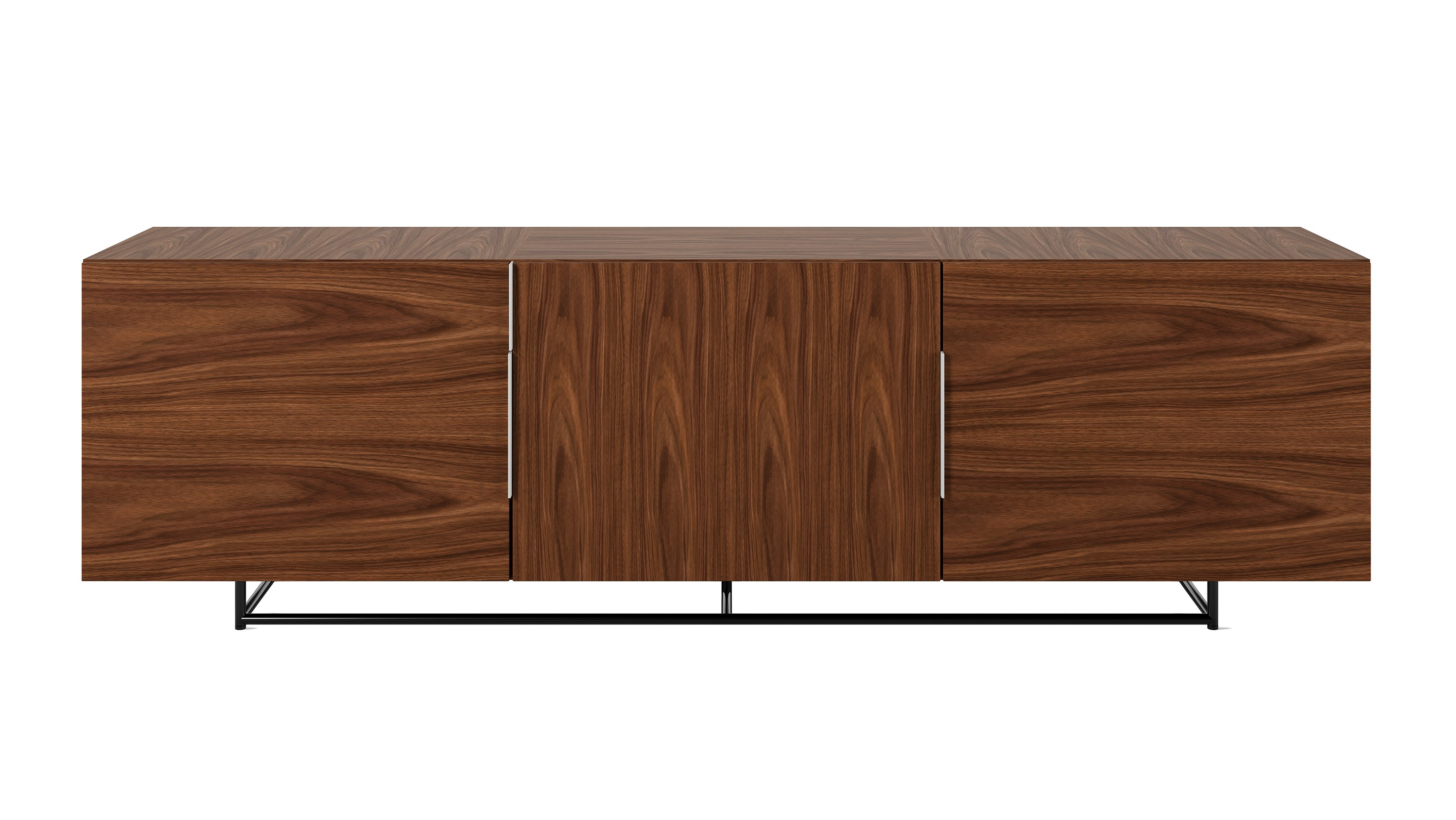 Three unit wide Domino Credenza with shelf storage in walnut with a black base viewed from the front.
