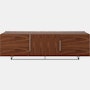 Three unit wide Domino Credenza with shelf storage in walnut with a black base viewed from the front.