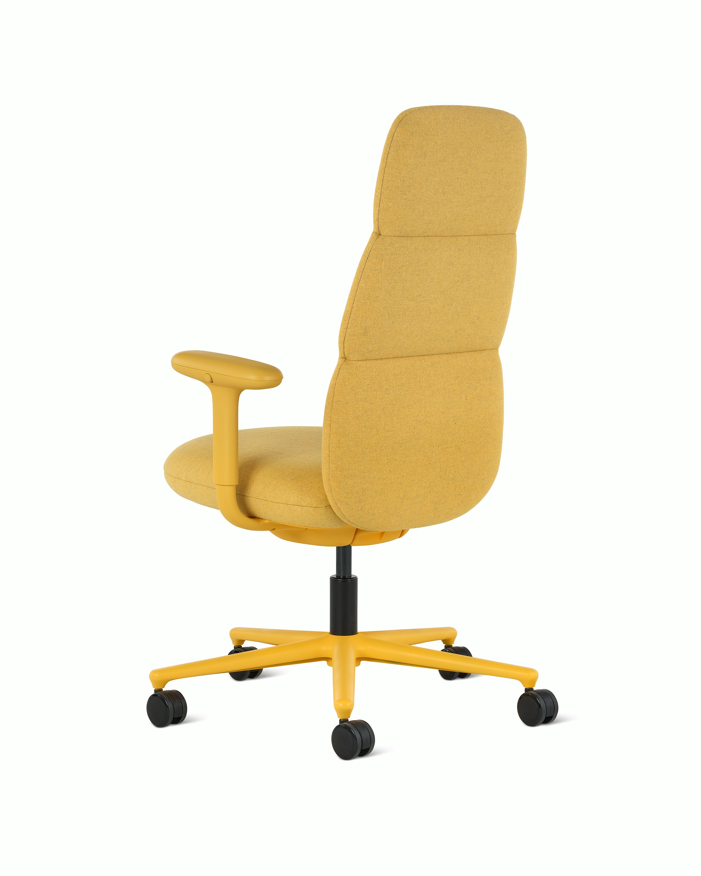 Rear angle view of a high-back Asari chair by Herman Miller in yellow with height adjustable arms.