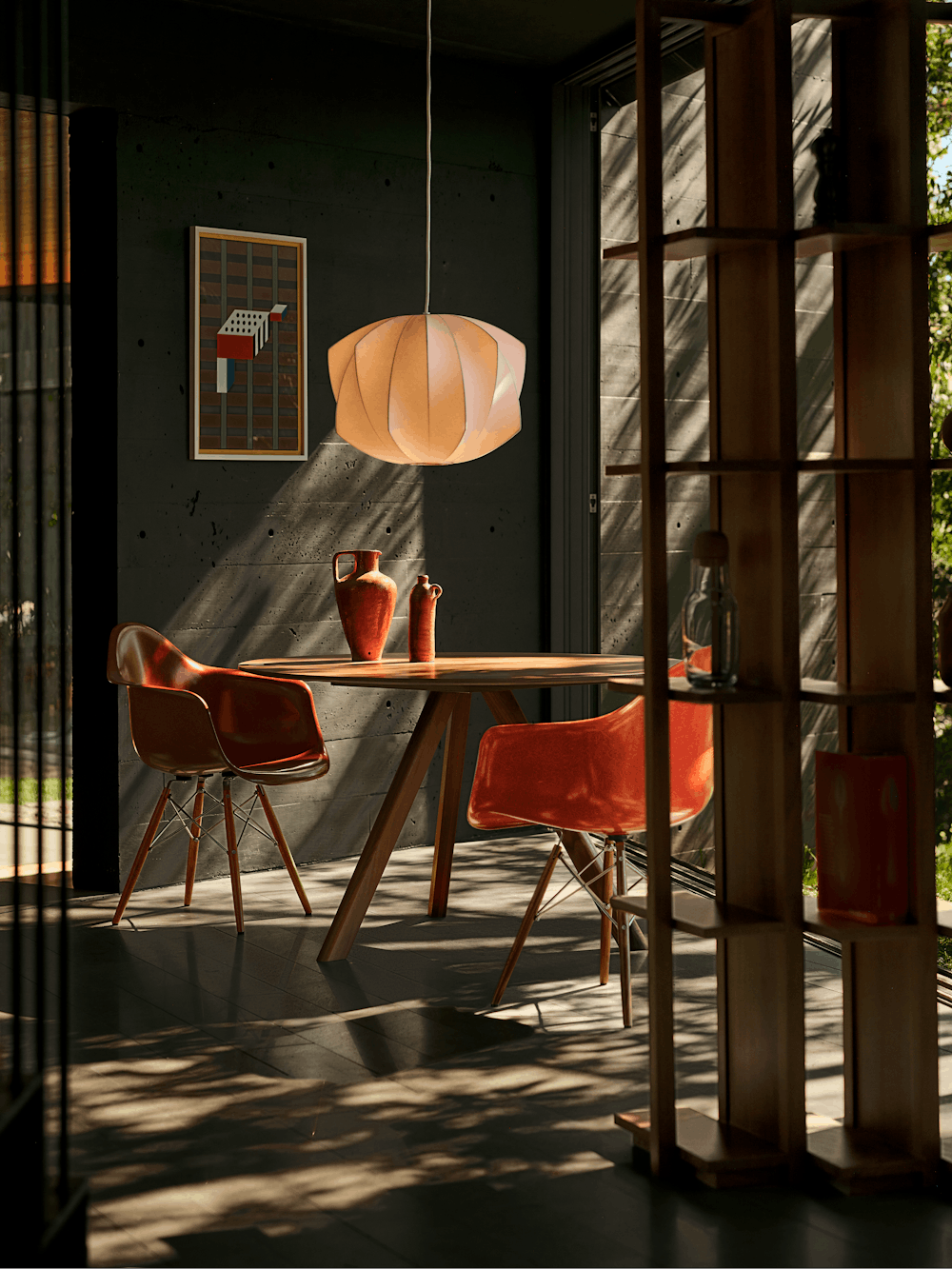 Eames Molded Fiberglass Chairs, CPH 20 Table and Nelson Propeller Pendant