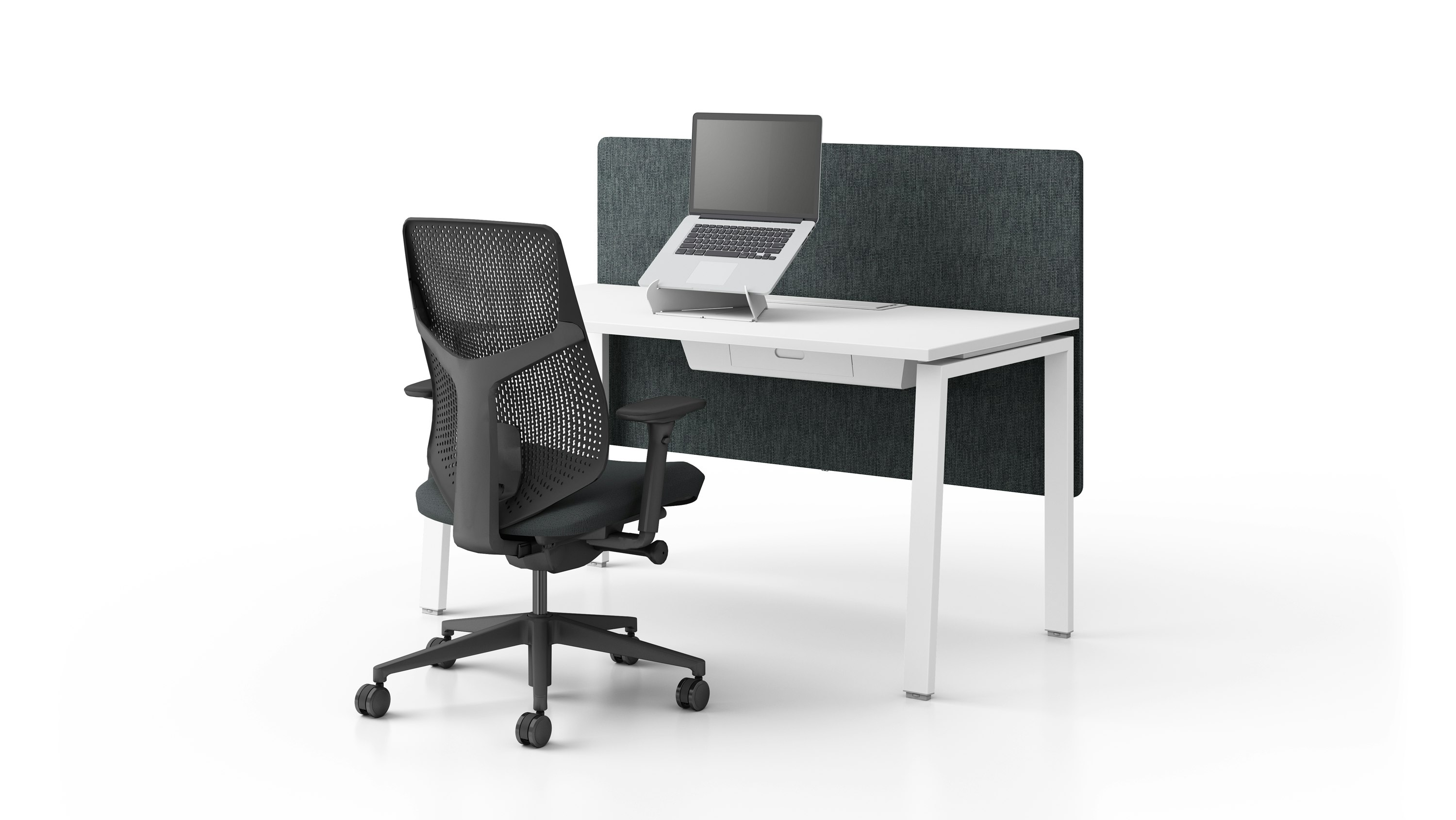 Freestanding Byne System with Imagine Leg, suspended fabric screen and cable tray, white desktop and leg and Verus Chair.