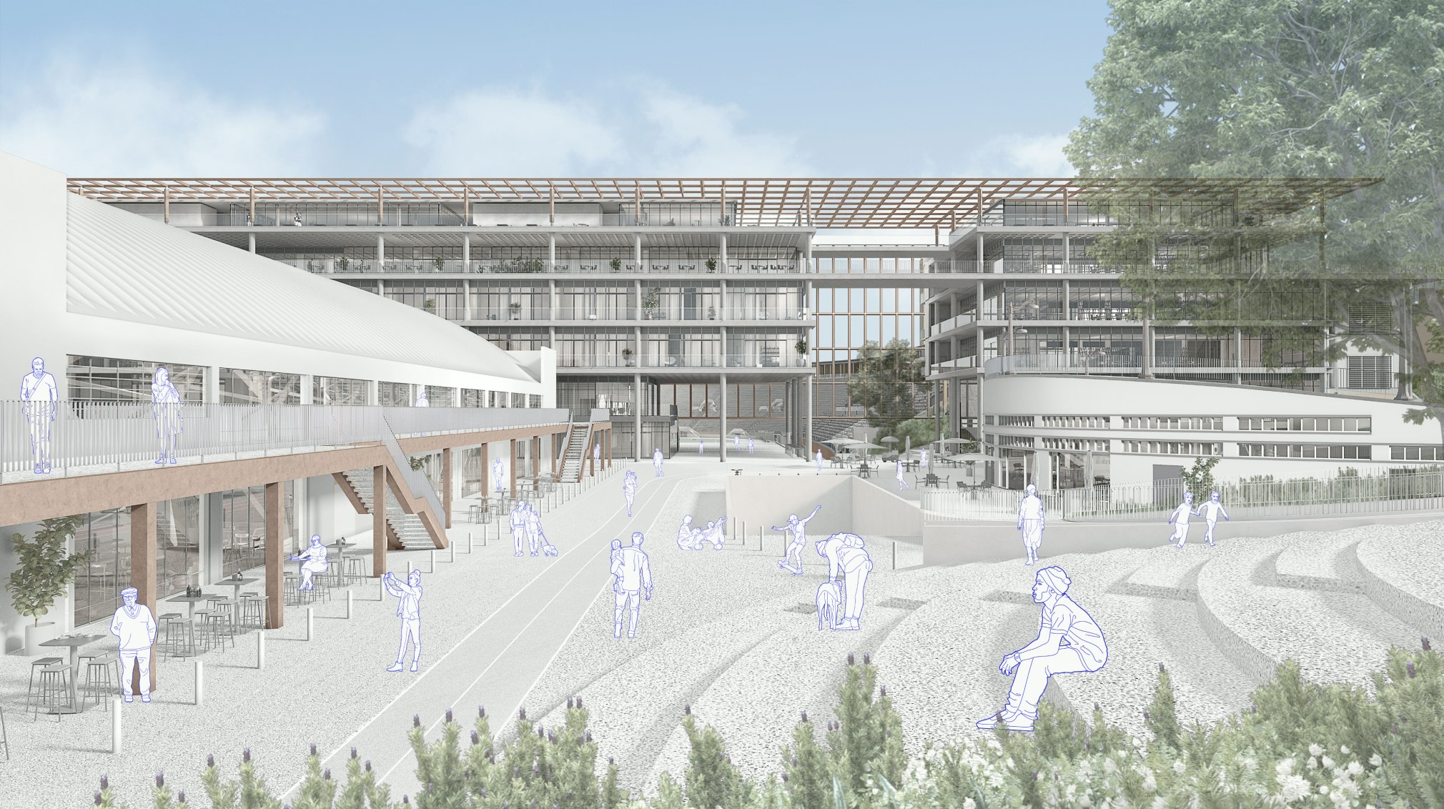 A 3D rendering of the exterior at Pacaembu Sports Complex Project by RADDAR