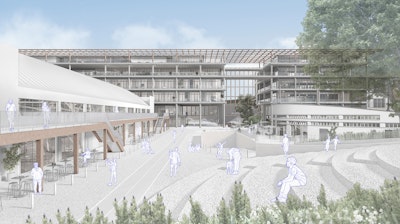 A 3D rendering of the exterior at Pacaembu Sports Complex Project by RADDAR