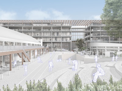 A 3D rendering of the exterior at Pacaembu Sports Complex Project by RADDAR