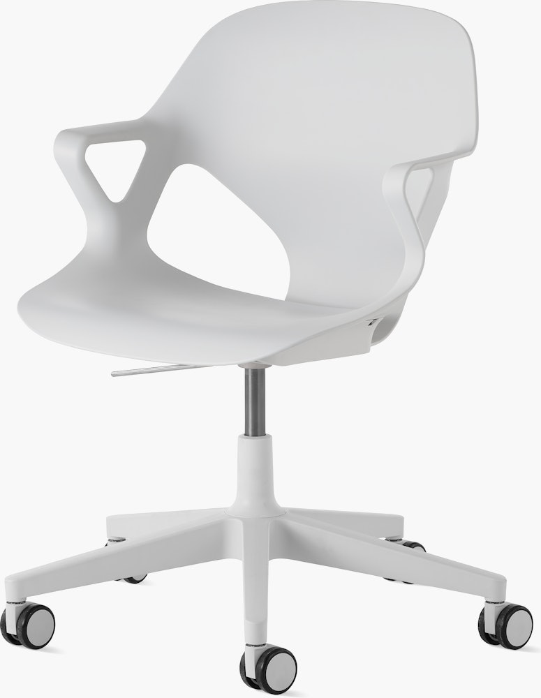 Front angle view of a Zeph chair with fixed arms in light grey.