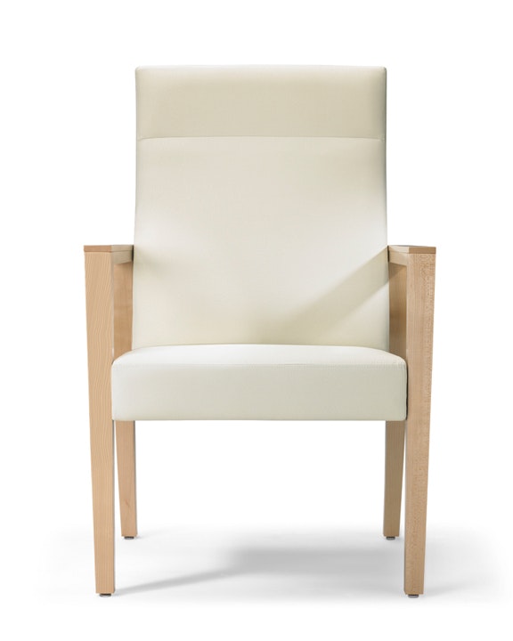 A front view of a Brava 863 high back patient chair in white textile with open maple wood arms.