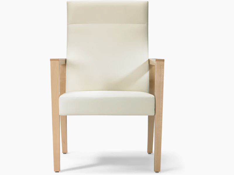A front view of a Brava 863 high back patient chair in white textile with open maple wood arms.
