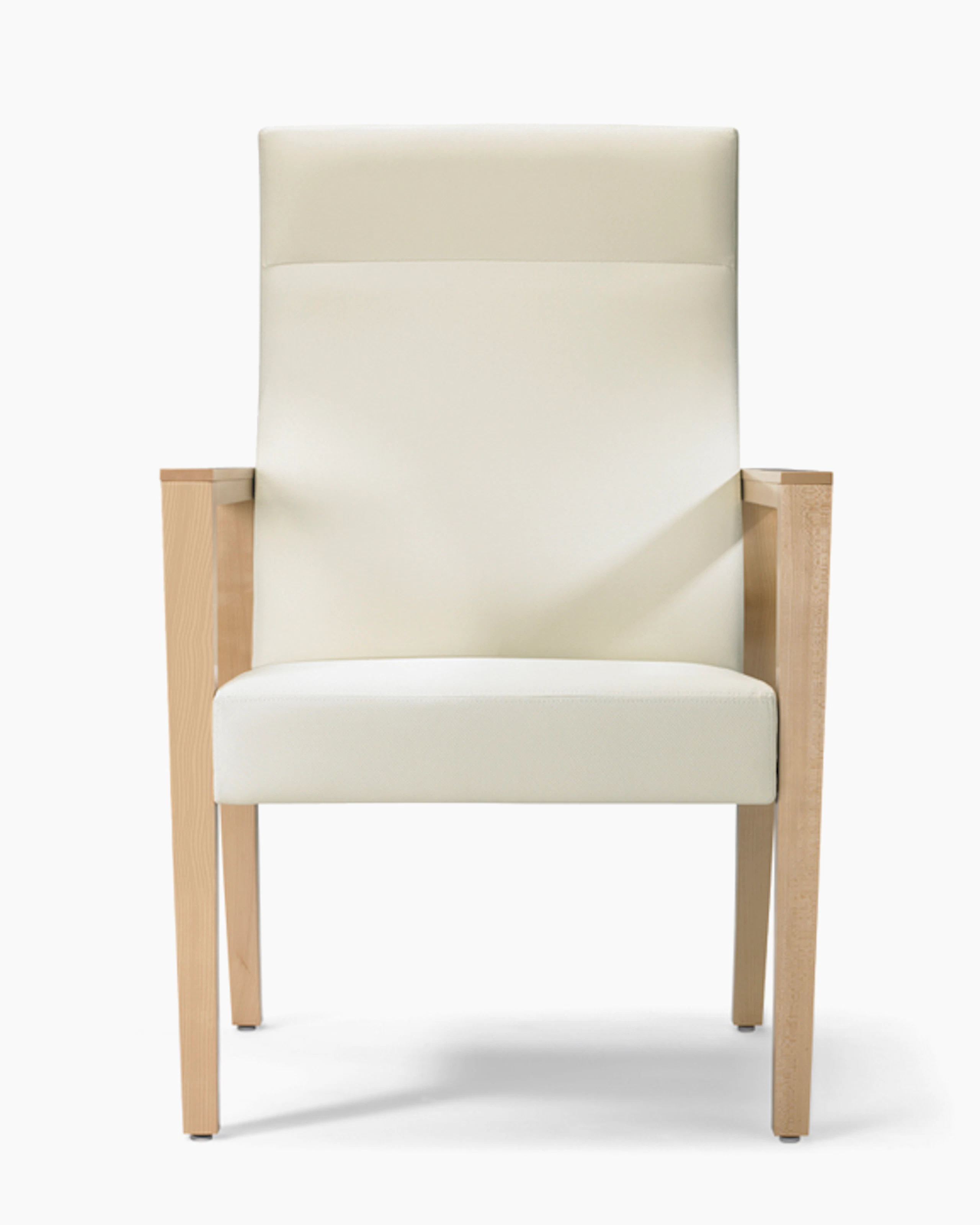A front view of a Brava 863 high back patient chair in white textile with open maple wood arms.