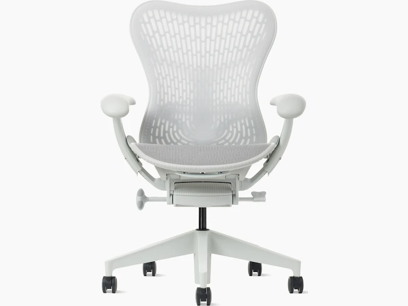 Front view of a Mirra 2 chair with a Butterfly back in alpine and a silver alloy base.