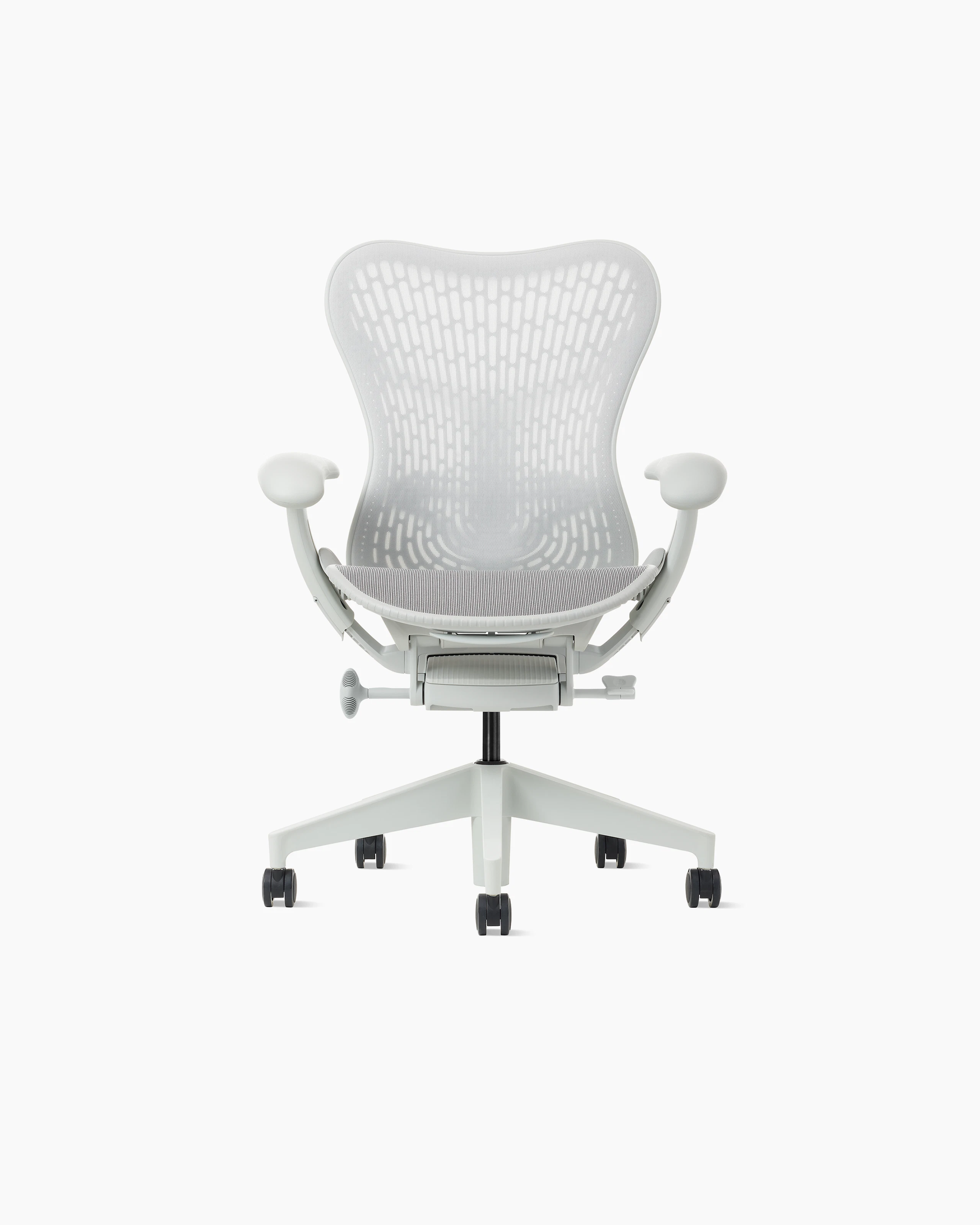 Front view of a Mirra 2 chair with a Butterfly back in alpine and a silver alloy base.