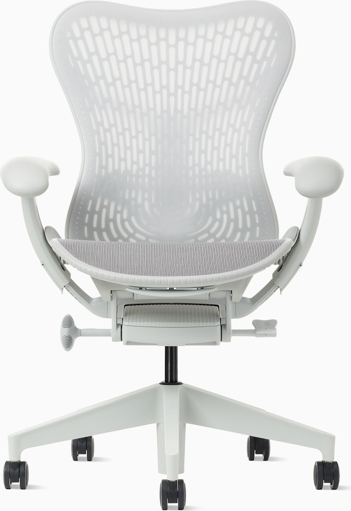 Front  view of a Mirra 2 chair with a Butterfly back in alpine and a silver alloy base.