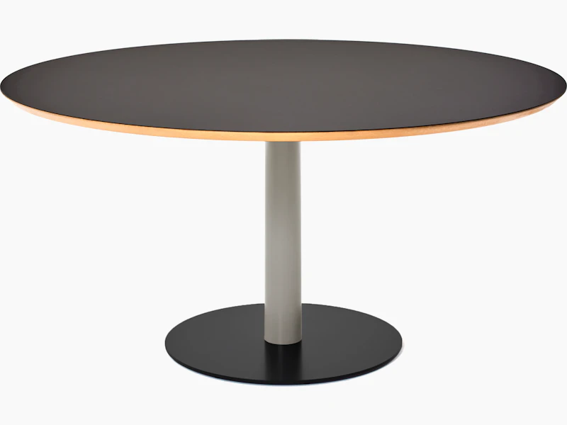 Front view of a round Tier table with Dark Grey lino top, Stone Grey stem and Black Grey base.