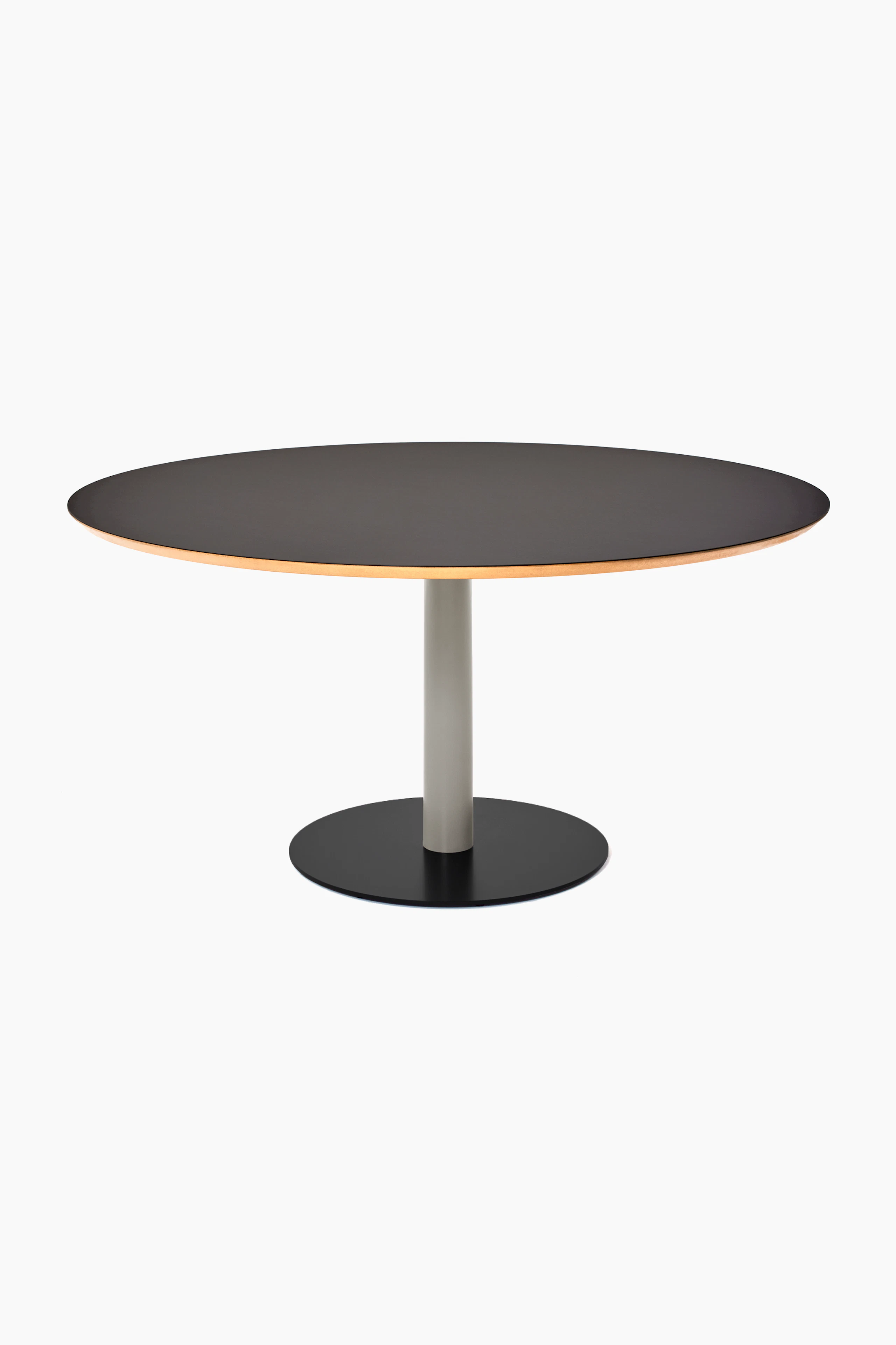 Front view of a round Tier table with Dark Grey lino top, Stone Grey stem and Black Grey base.