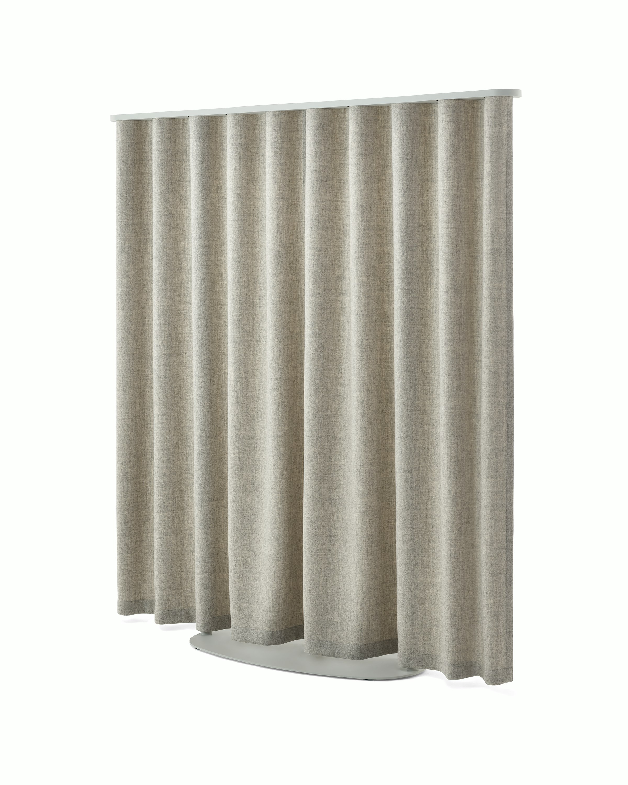 Light brown OE1 Freestanding Curtain with grey frame viewed from a front angle.