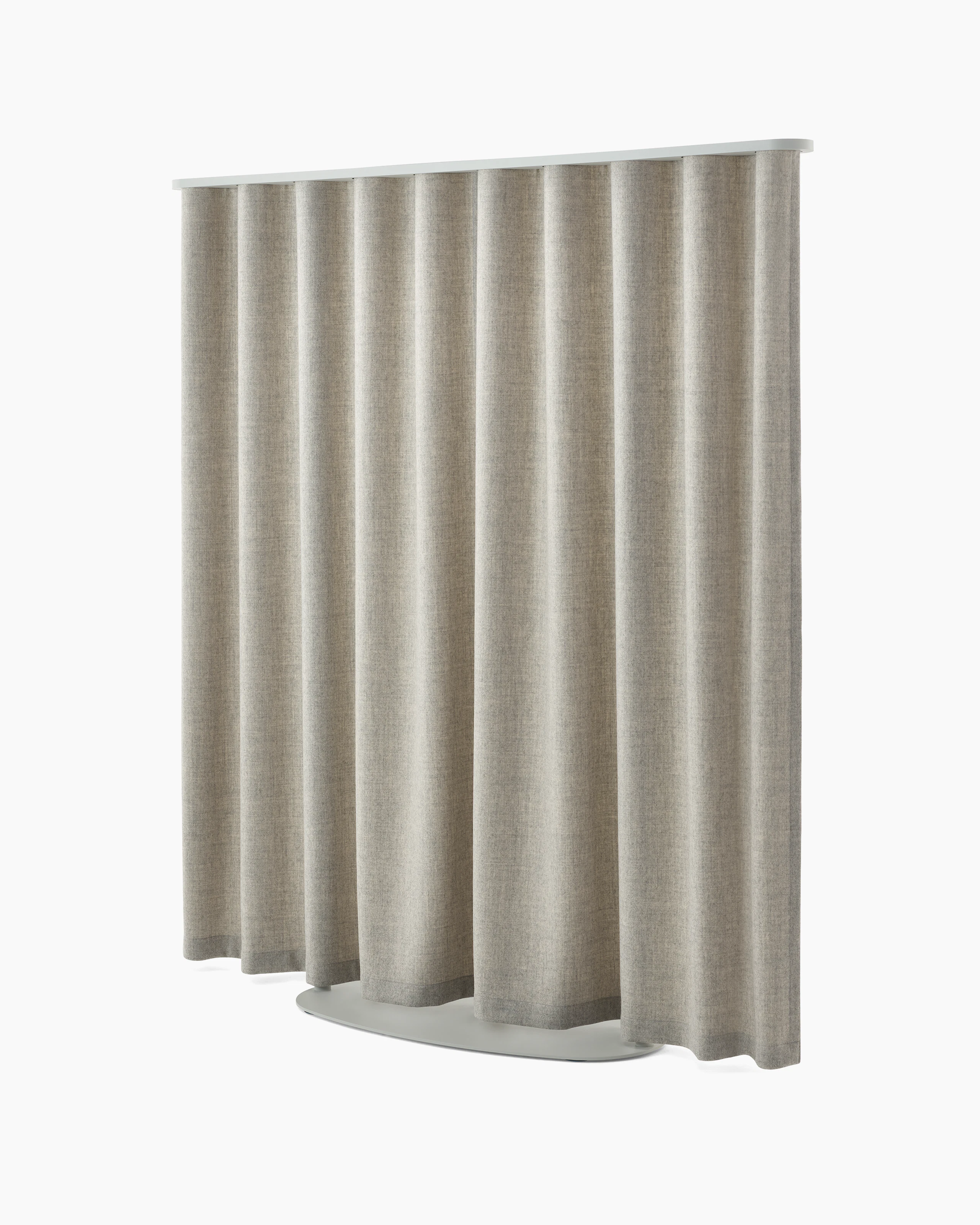 Light brown OE1 Freestanding Curtain with grey frame viewed from a front angle.