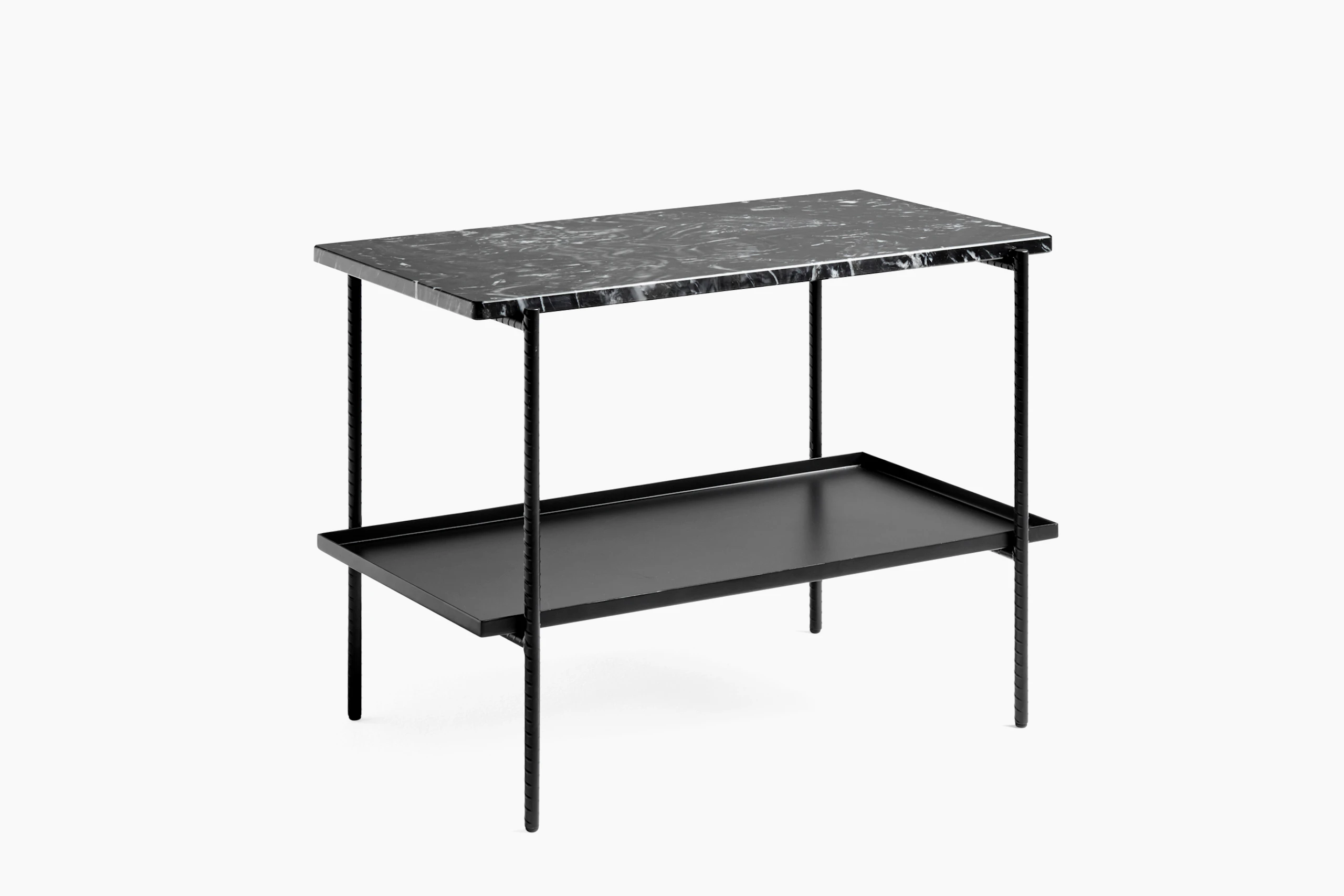 A rectangular Rebar Side Table with marble top.