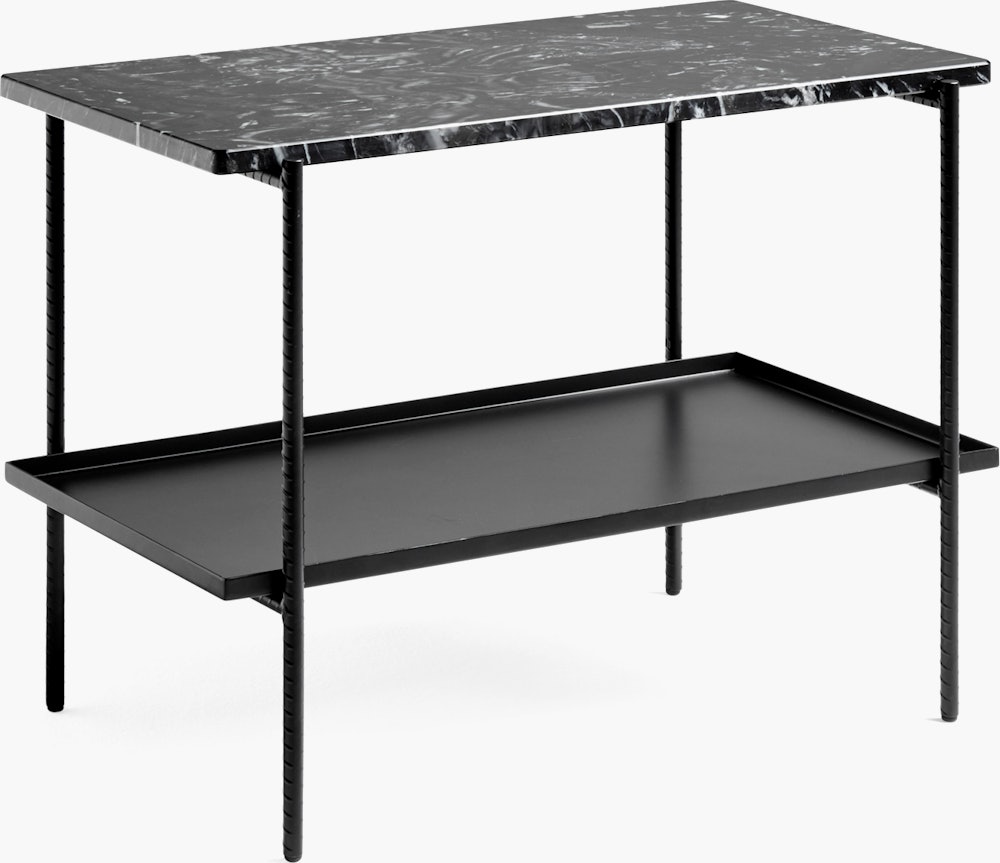 A rectangular Rebar Side Table with marble top.