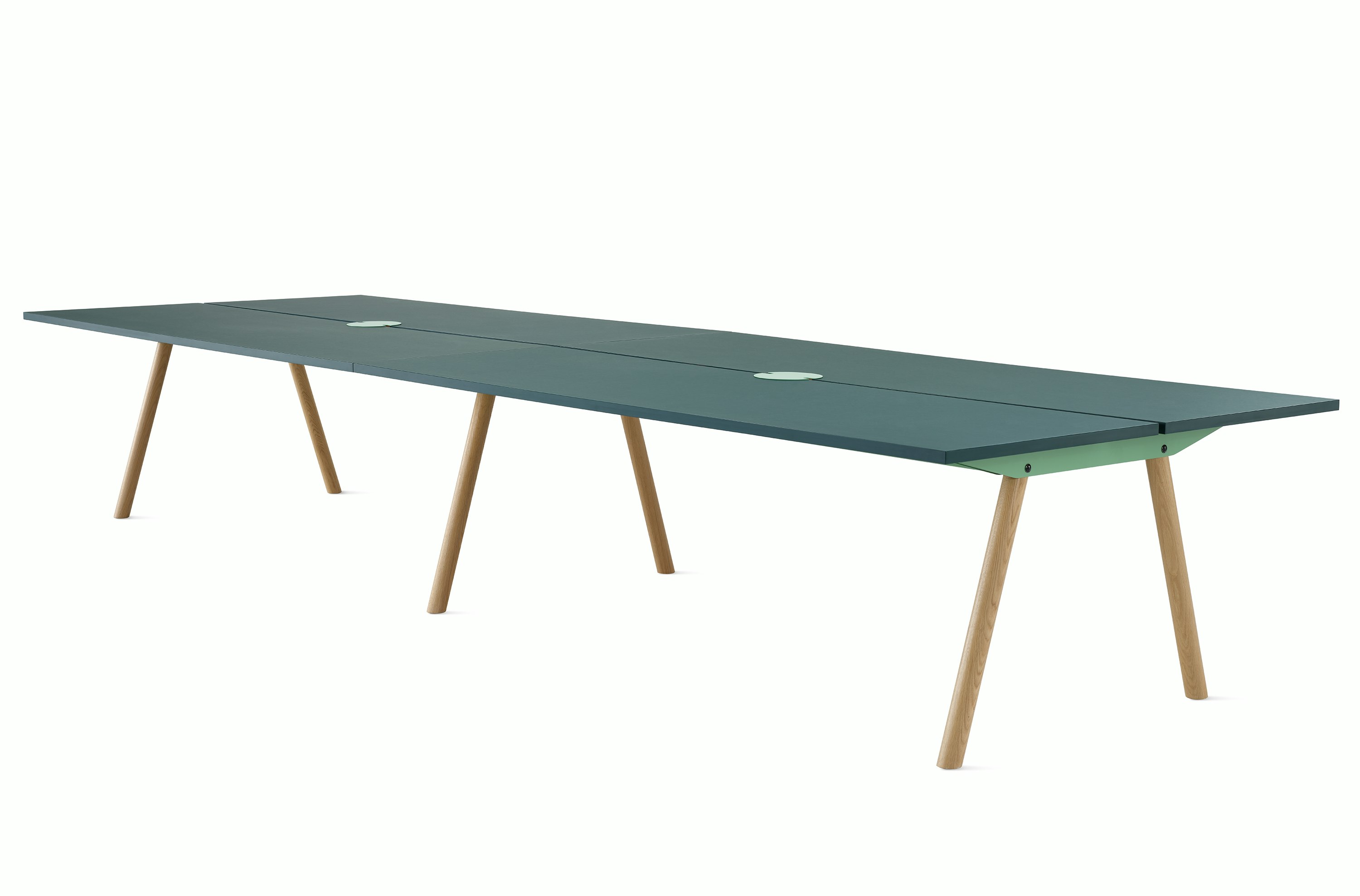 1400X4400 Morse table with dark green forbo top and oak legs.