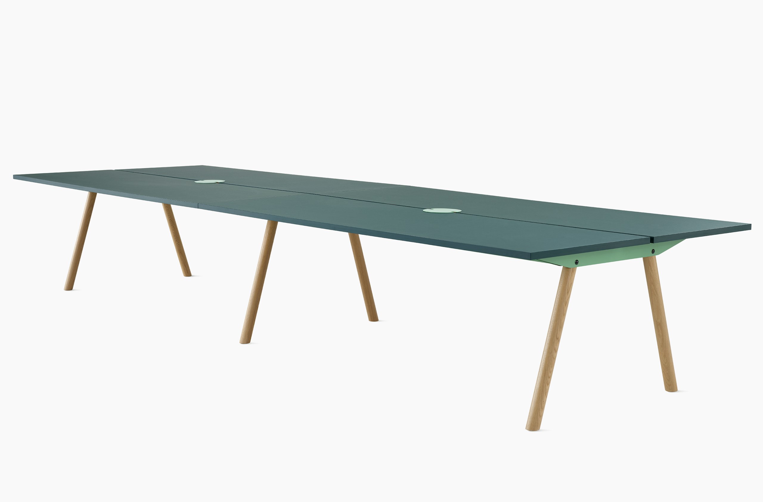 1400X4400 Morse table with dark green forbo top and oak legs.