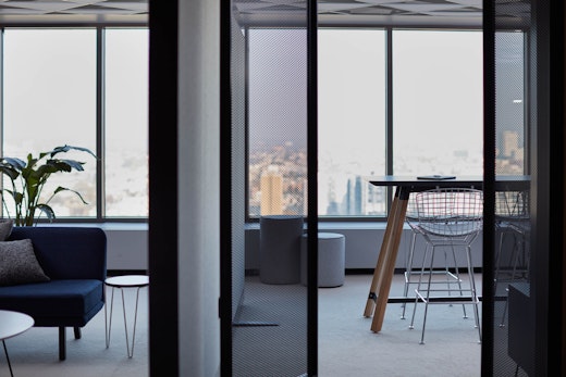Rockwell Unscripted Creative wall, modular lounge, tall table, bertoia bartstools
