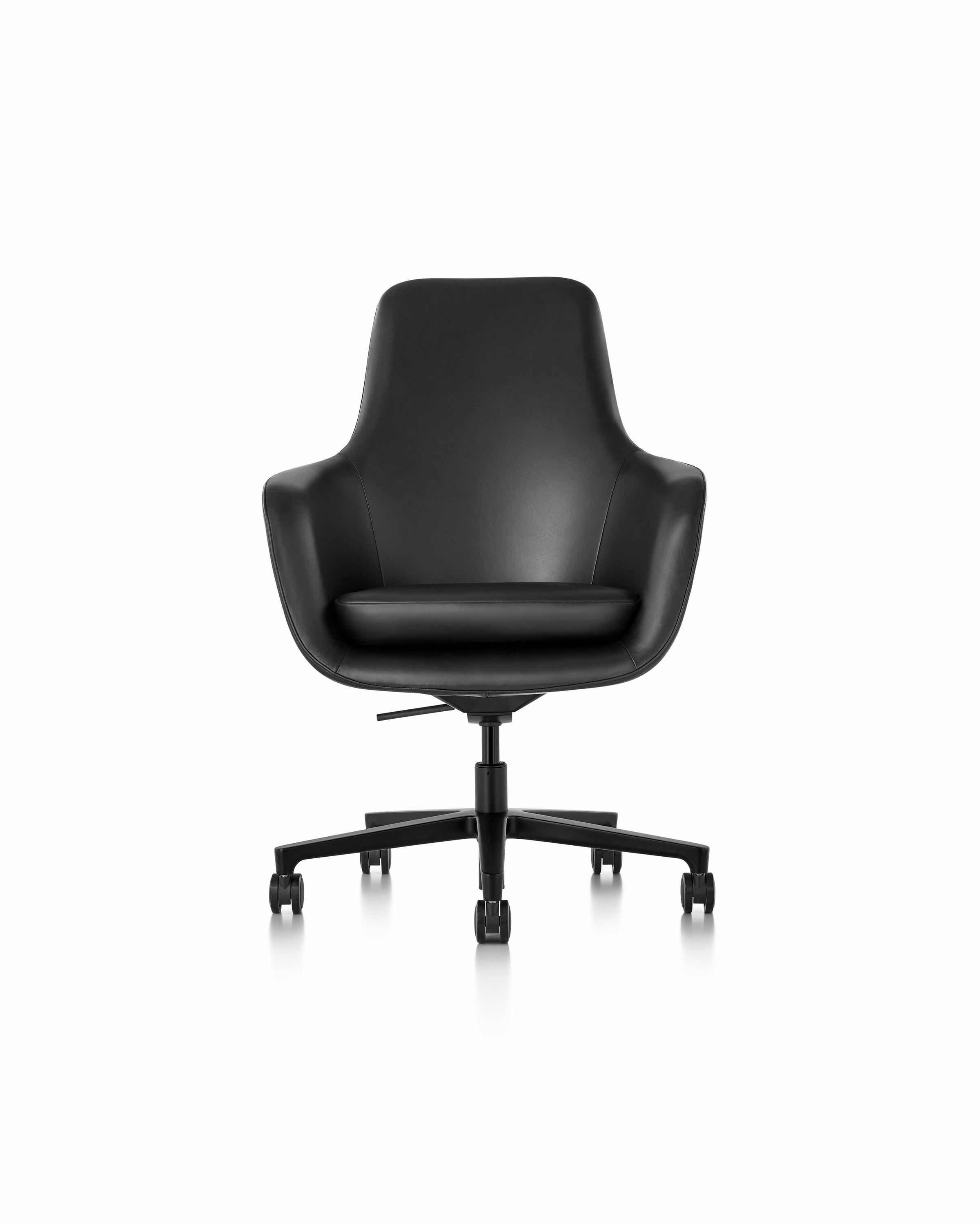 A high-back Saiba office chair with black leather upholstery and a five-star base, viewed from the front.