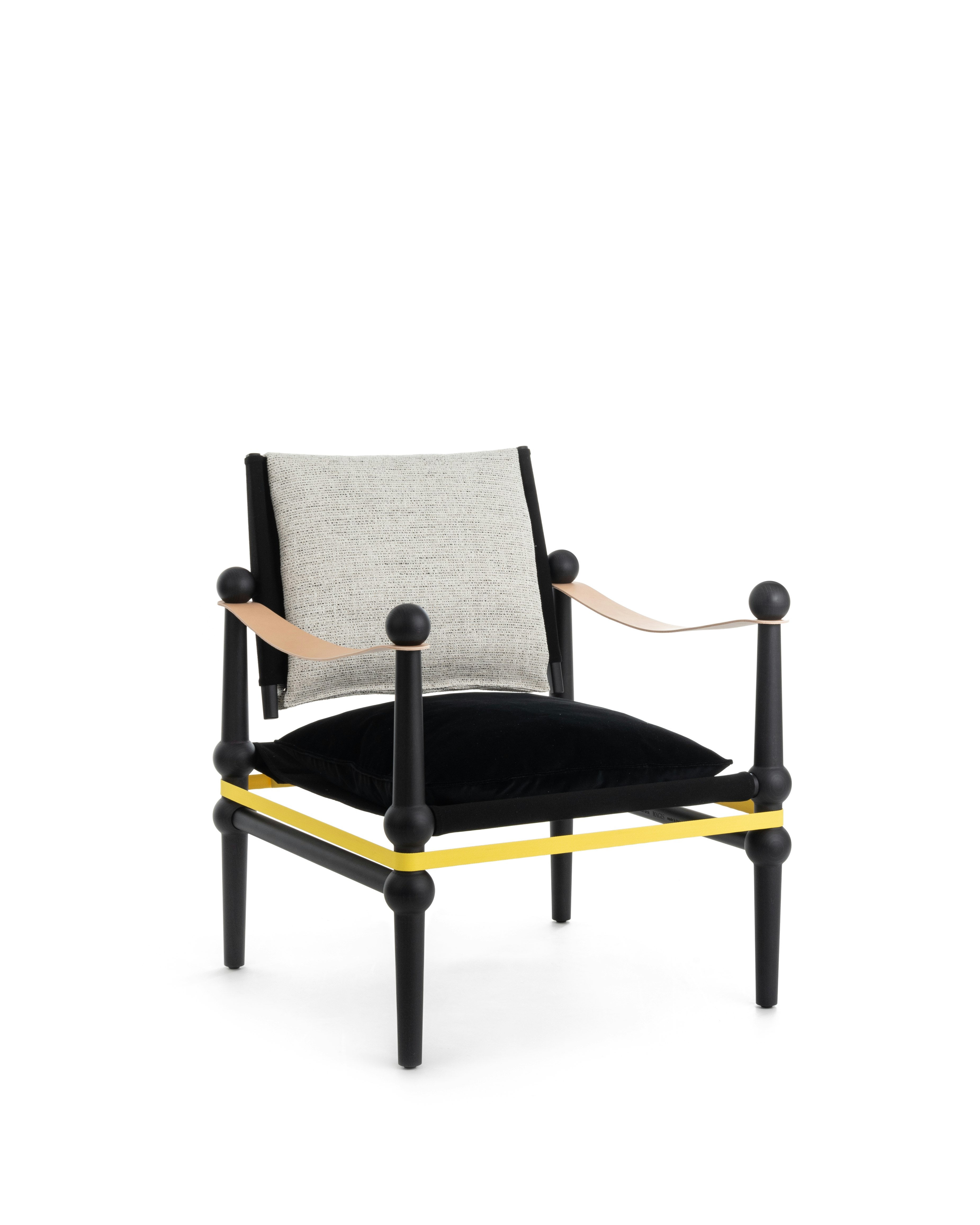 Twain Low Chair in Black Beech with Black and White cushions
