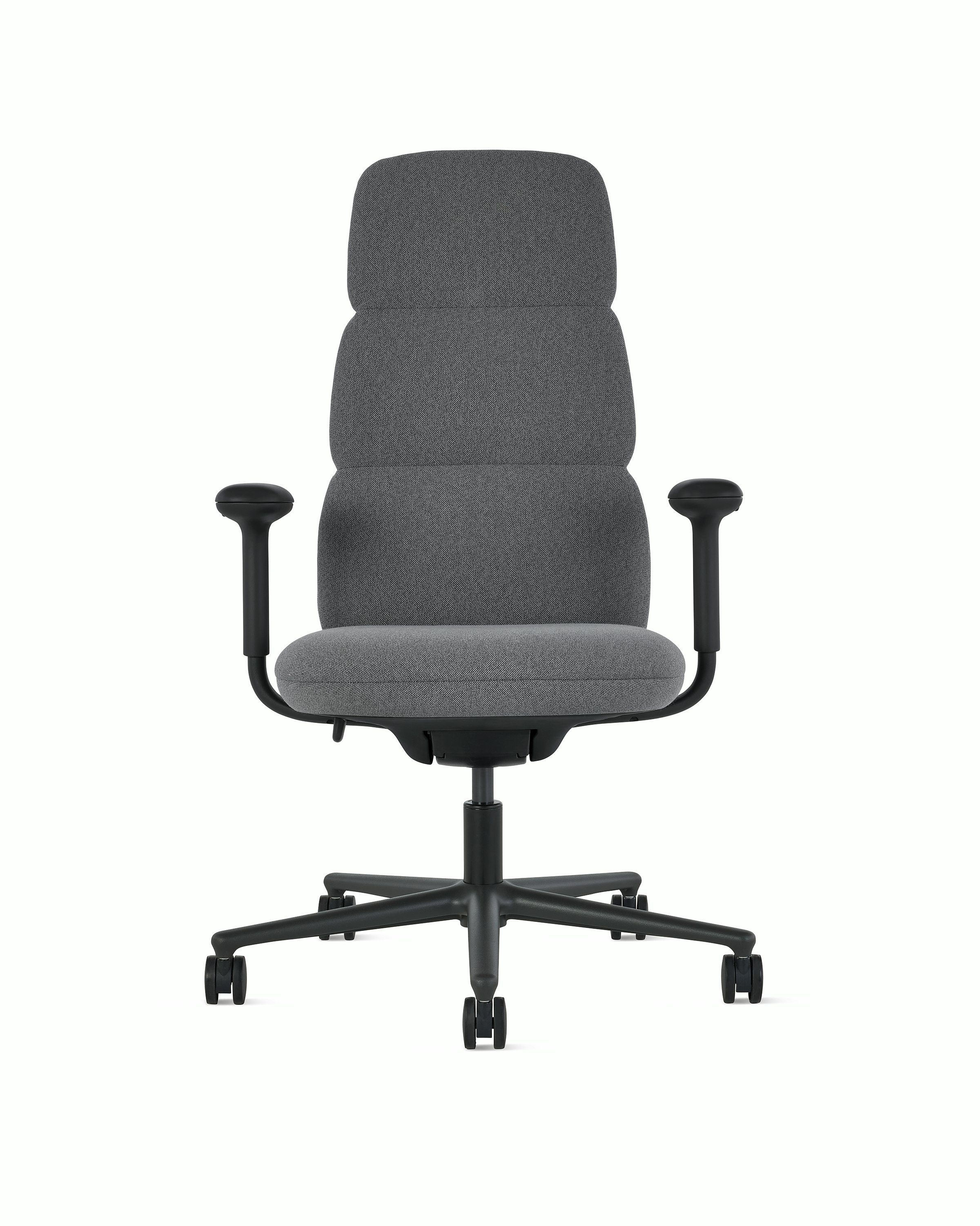 Front view of a high-back Asari chair by Herman Miller in dark grey with height adjustable arms.