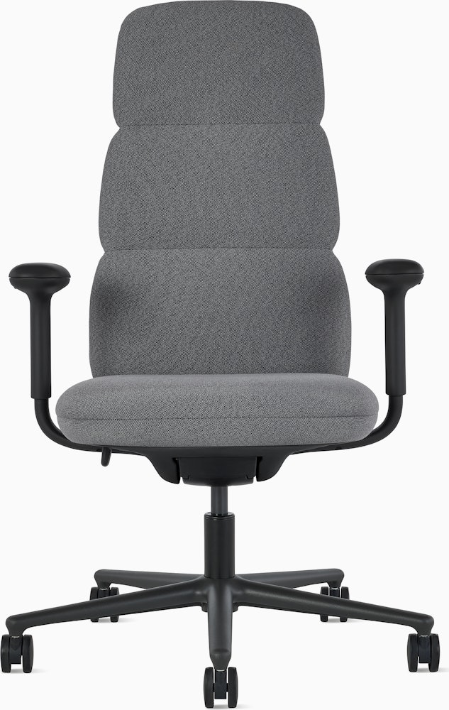 Front view of a high-back Asari chair by Herman Miller in dark grey with height adjustable arms.