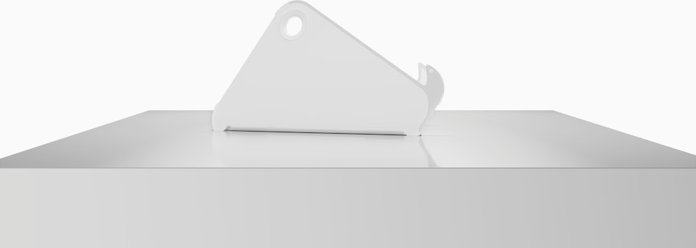 Side view of an open Oripura Laptop Stand on top of a worksurface.
