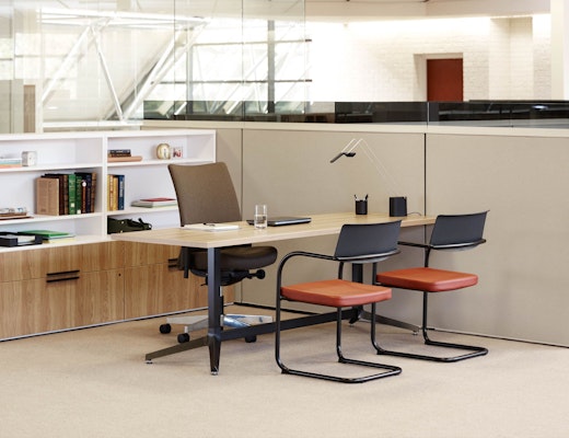 Dividends Horizon Manager Station with Anchor Storage laminate fronts wood grain laminate bookcase cubby table desk smoked add up glass task light credenza stacker