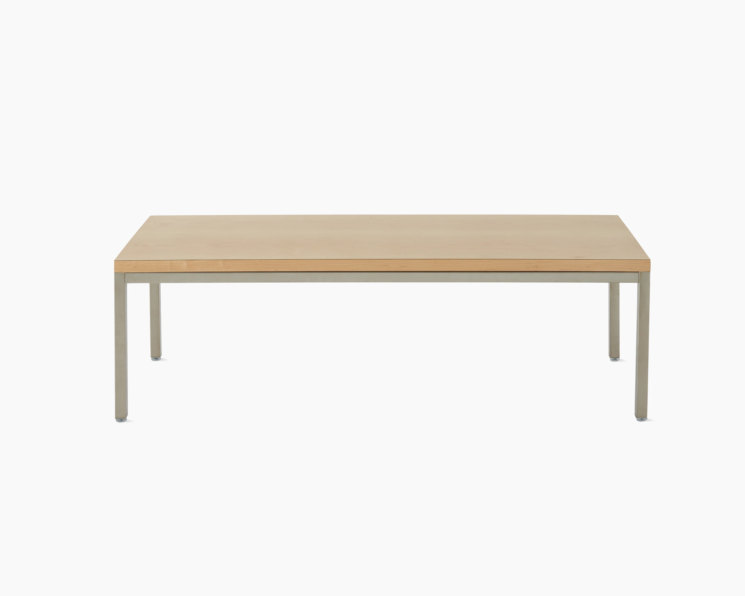 Profile view of Riva Coffee Table with a natural maple top and metallic silver base.