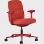 Front angle view of a mid-back Asari chair by Herman Miller in deep red with height adjustable arms.
