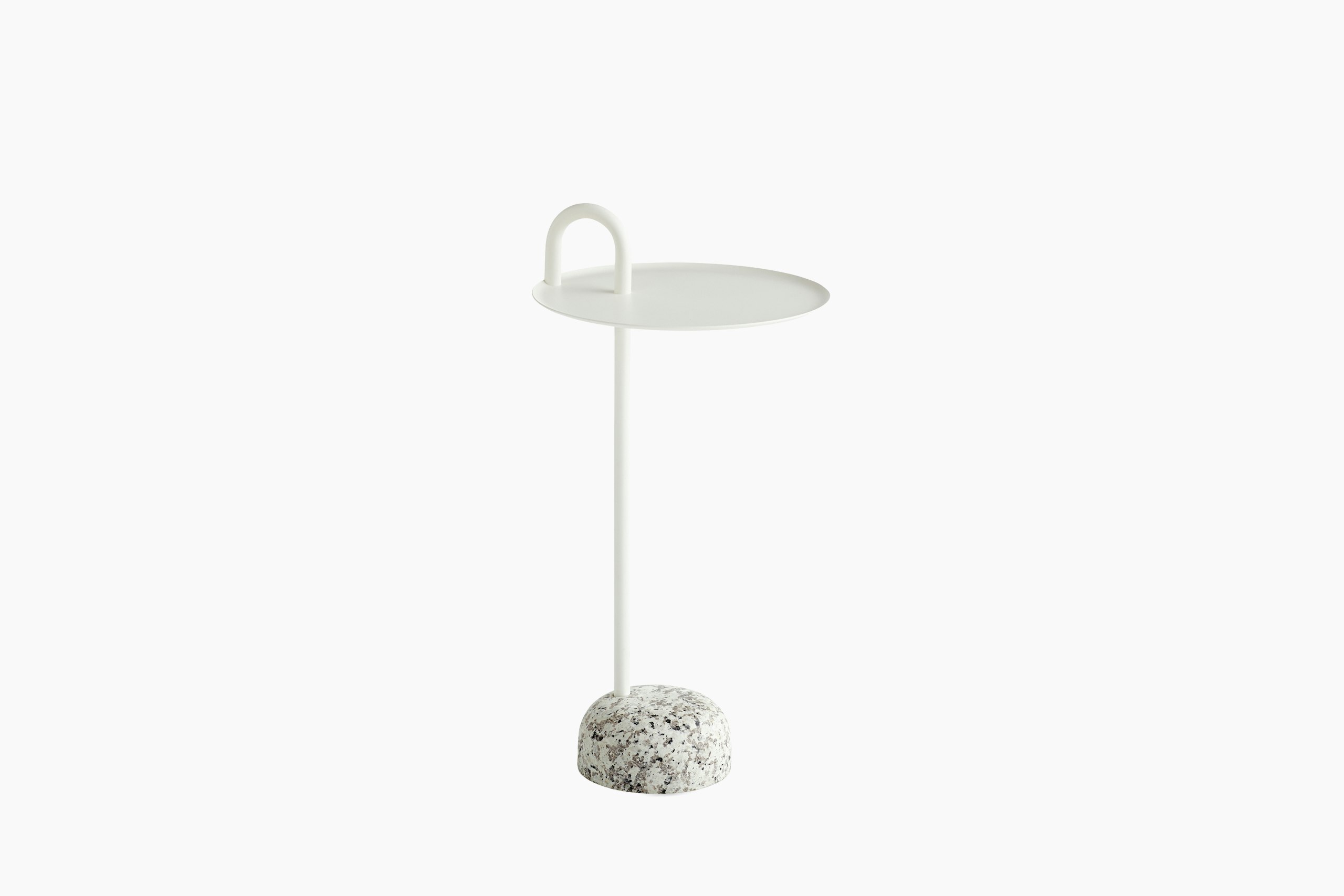 A front view of the Bowler Side Table in white with a granite base.