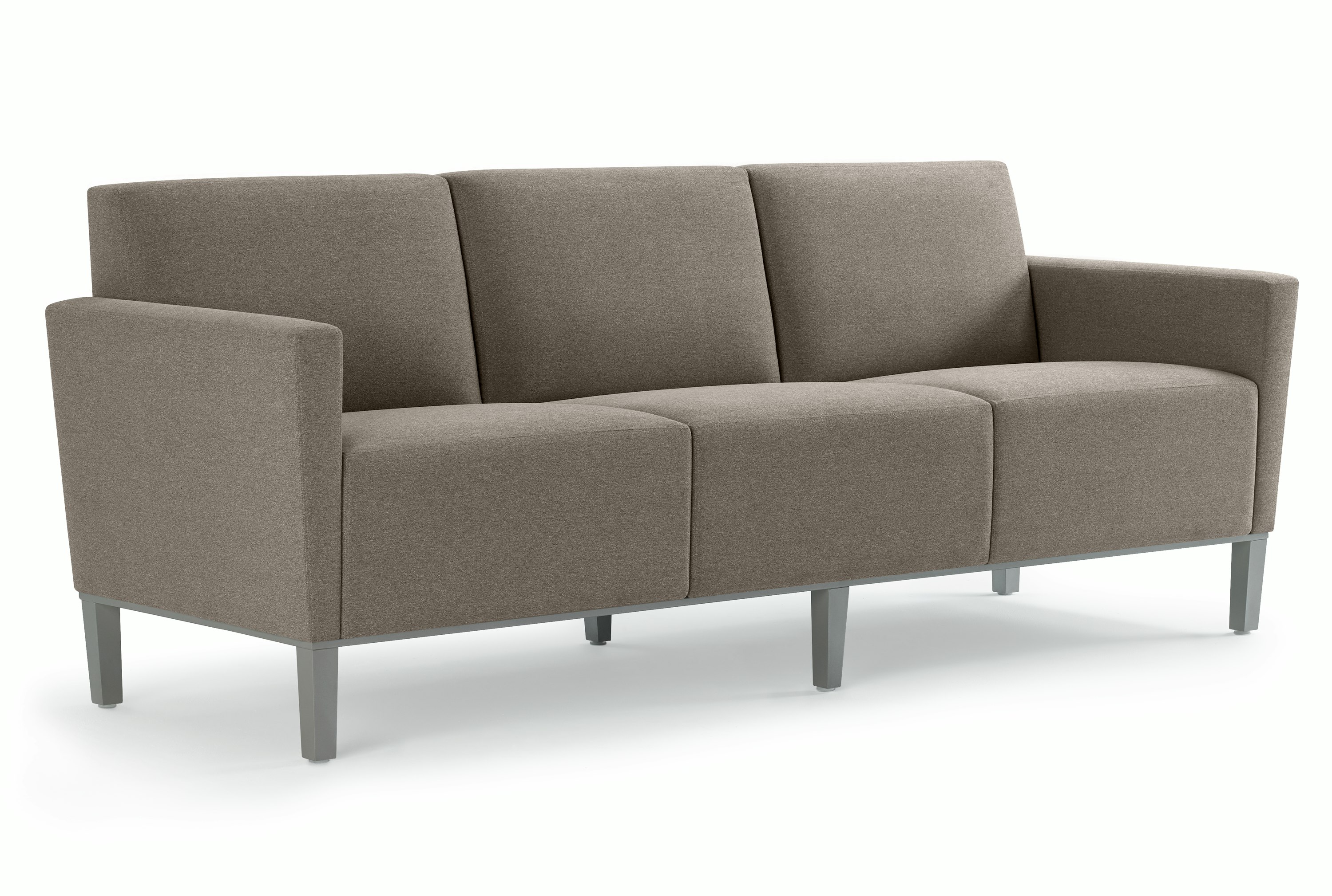 Front three-quarter view of a three-seat Brava Platform Lounge System on a metal base.