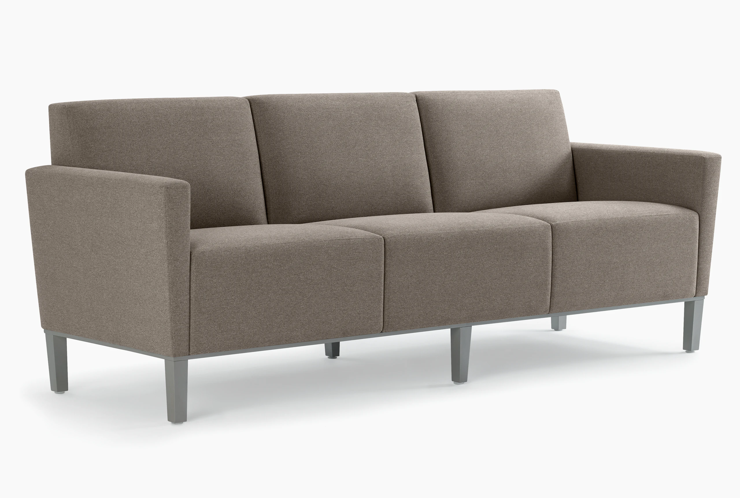 Front three-quarter view of a three-seat Brava Platform Lounge System on a metal base.