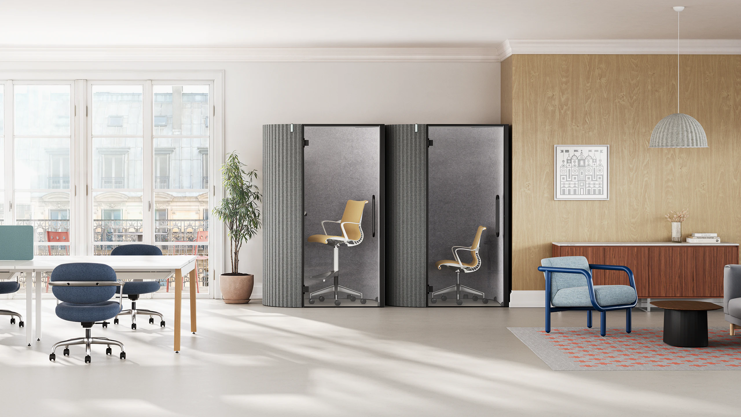 A view of Bay Work Pod as place of refuge for privacy and a moment away between neighborhoods.