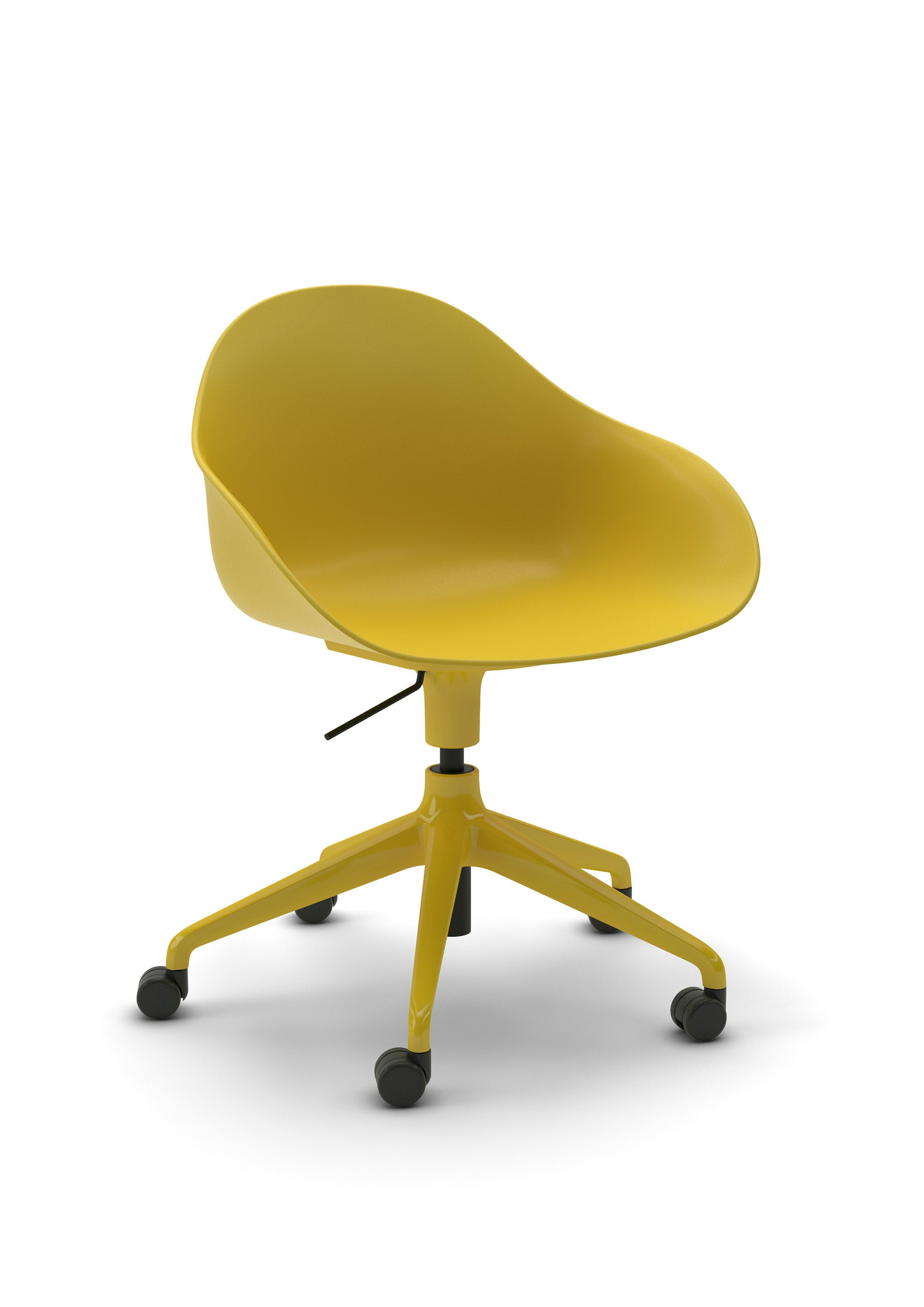 Three-quarter view of a yellow Ruby Chair with matching 5-star base with casters.