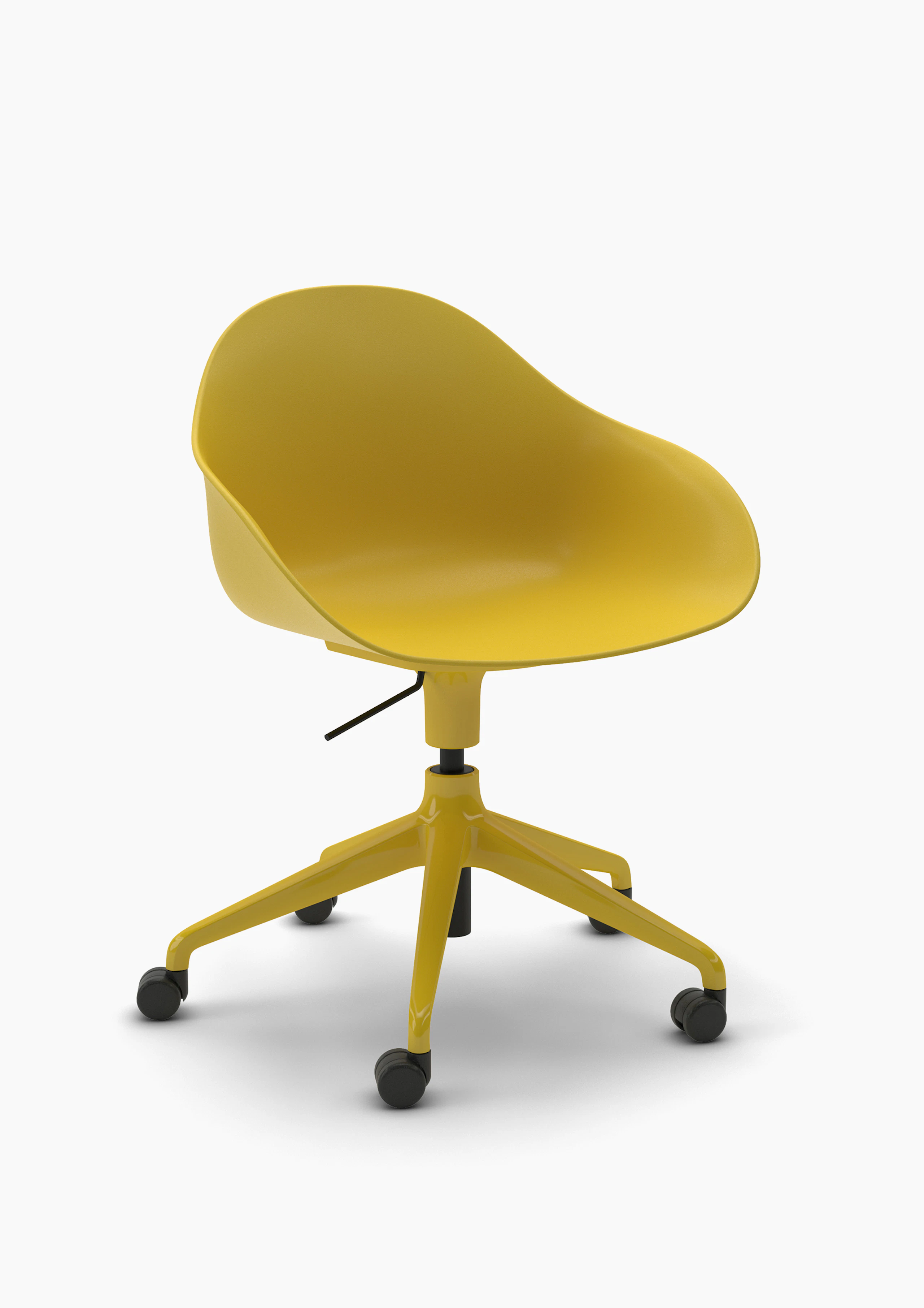 Three-quarter view of a yellow Ruby Chair with matching 5-star base with casters.